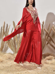 Red Embroidered Cape and Palazzo Set