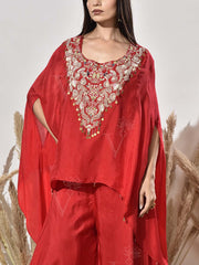 Red Embroidered Cape and Palazzo Set