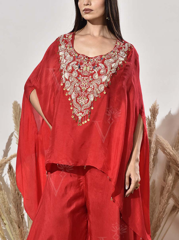 Red Embroidered Cape and Palazzo Set
