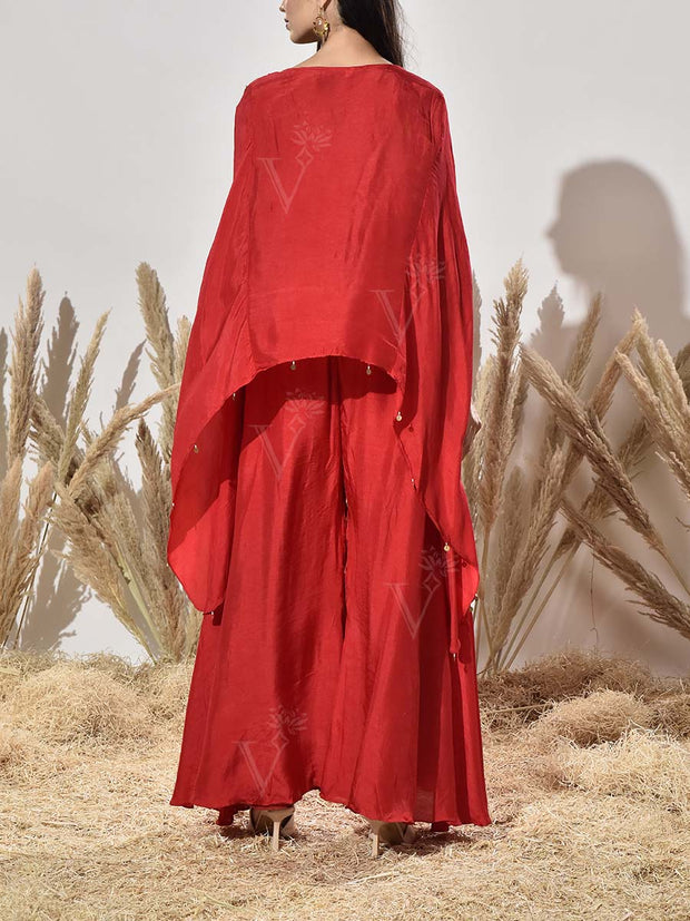 Red Embroidered Cape and Palazzo Set