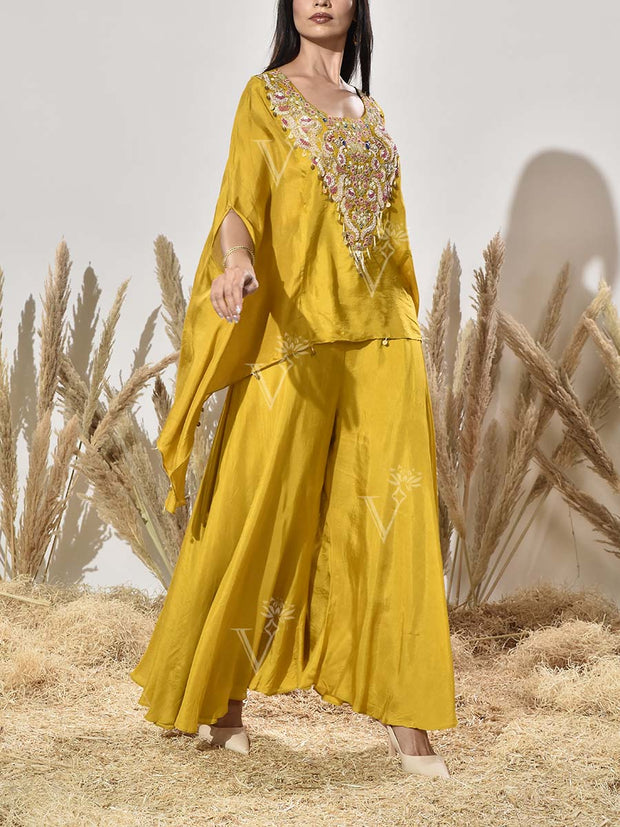 Yellow Red Embroidered Cape and Palazzo Set