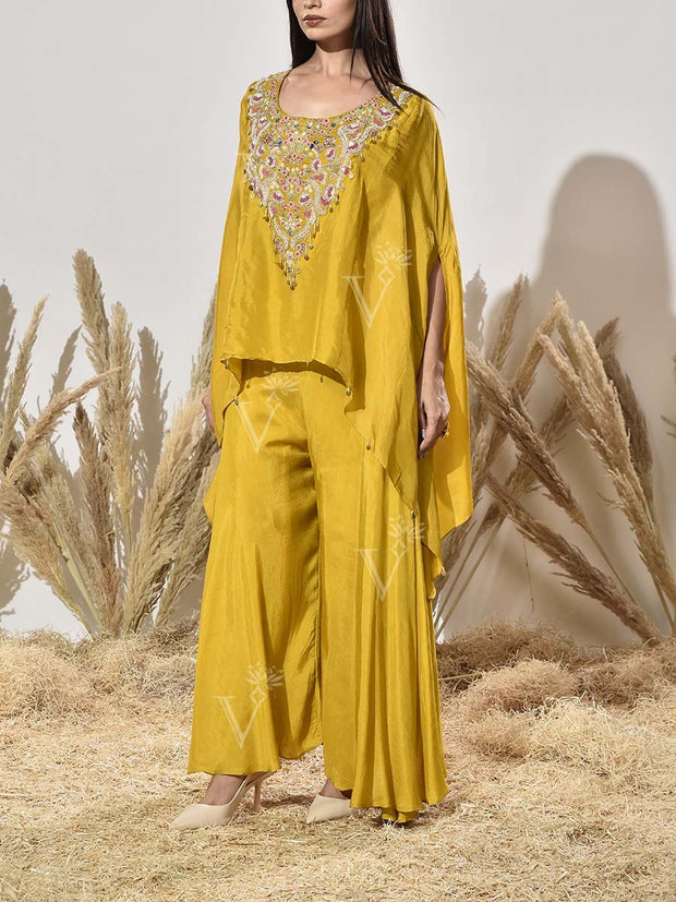 Yellow Red Embroidered Cape and Palazzo Set