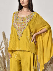 Yellow Red Embroidered Cape and Palazzo Set