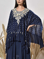 Blue Embroidered Cape and Palazzo Set