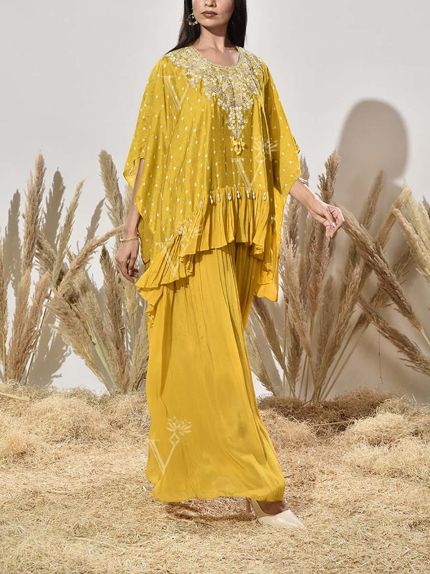 Yello Red Embroidered Cape and Palazzo Set