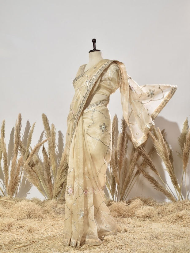 Beige Gota Patti Organza Saree