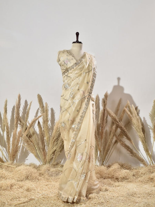 Beige Gota Patti Organza Saree