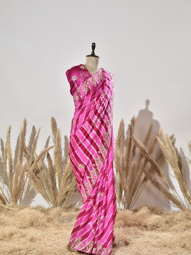 Pink Tussar Silk  Leheriya Saree
