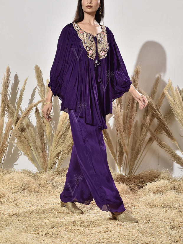 Violet Embroidered Cape and Palazzo Set