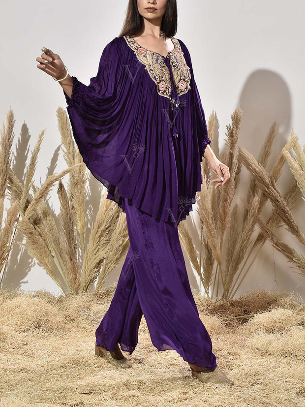 Violet Embroidered Cape and Palazzo Set