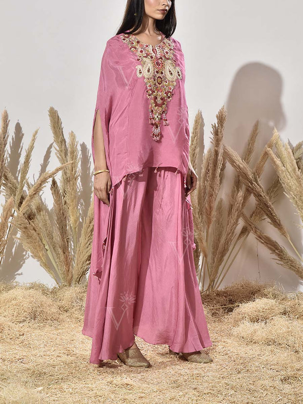 Pink Embroidered Cape and Palazzo Set