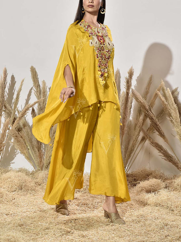 Yellow Pink Embroidered Cape and Palazzo Set