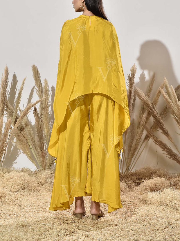 Yellow Pink Embroidered Cape and Palazzo Set