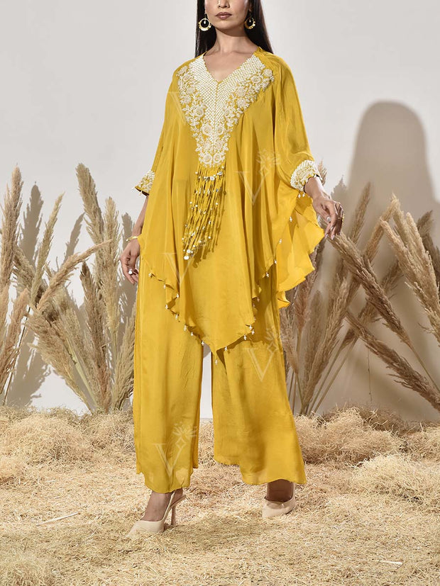 Yello Red Embroidered Cape and Palazzo Set
