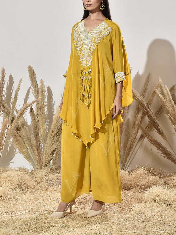 Yello Red Embroidered Cape and Palazzo Set