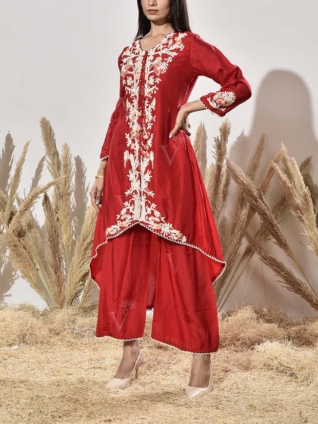 Red Embroidered Kurta and Pant Set