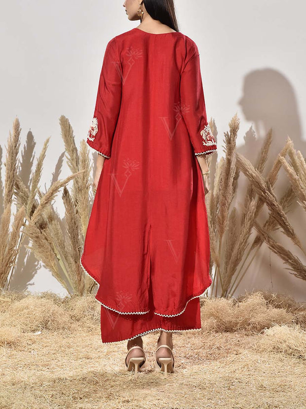 Red Embroidered Kurta and Pant Set