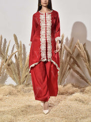 Red Yellow Embroidered Kurta and Pant Set