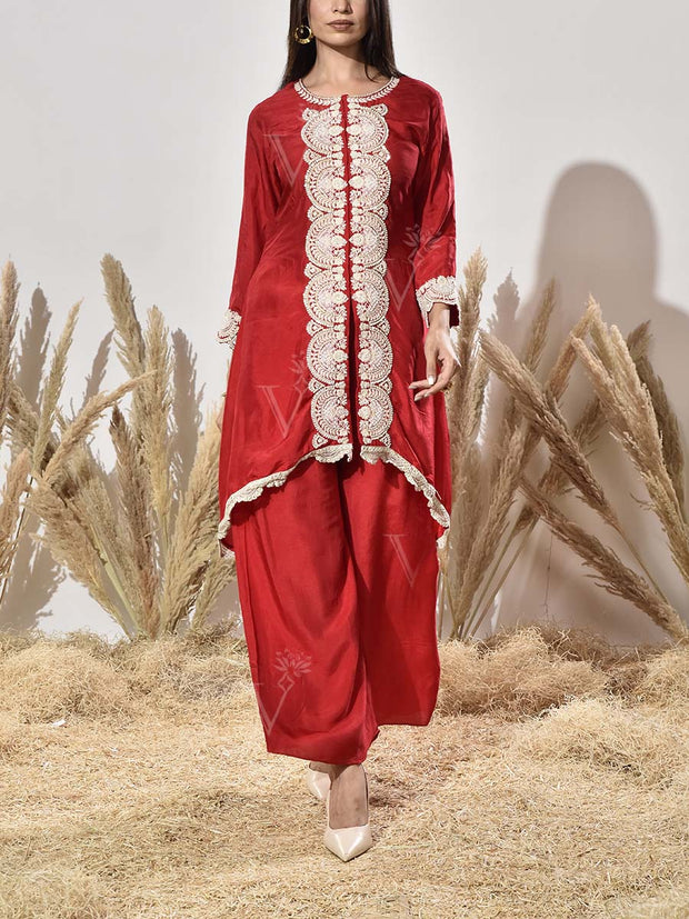 Red Yellow Embroidered Kurta and Pant Set