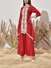 Red Yellow Embroidered Kurta and Pant Set
