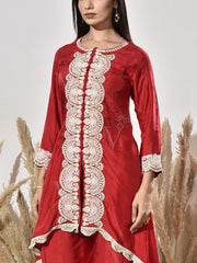 Red Yellow Embroidered Kurta and Pant Set