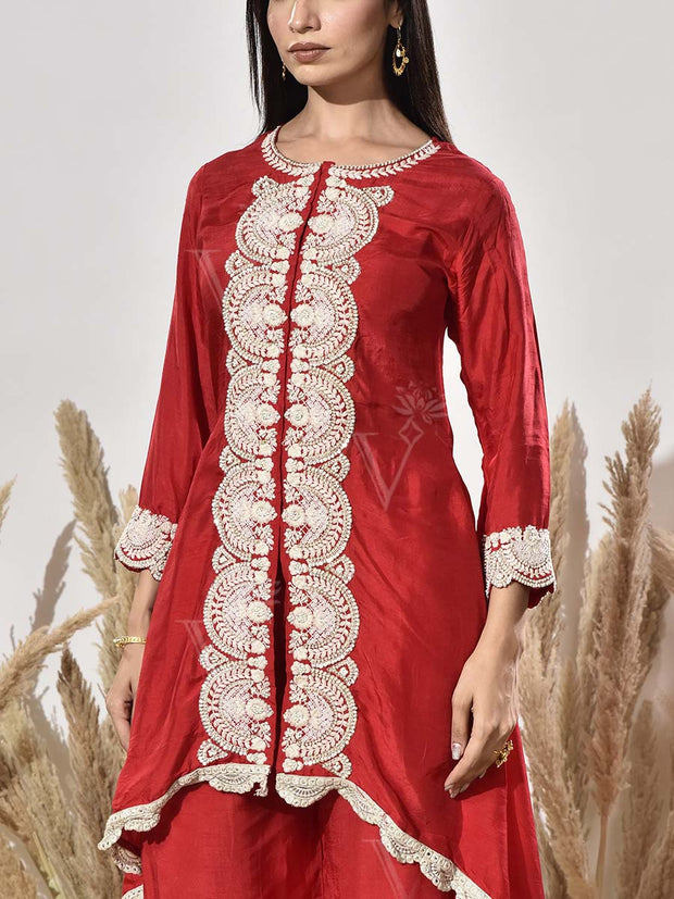 Red Yellow Embroidered Kurta and Pant Set