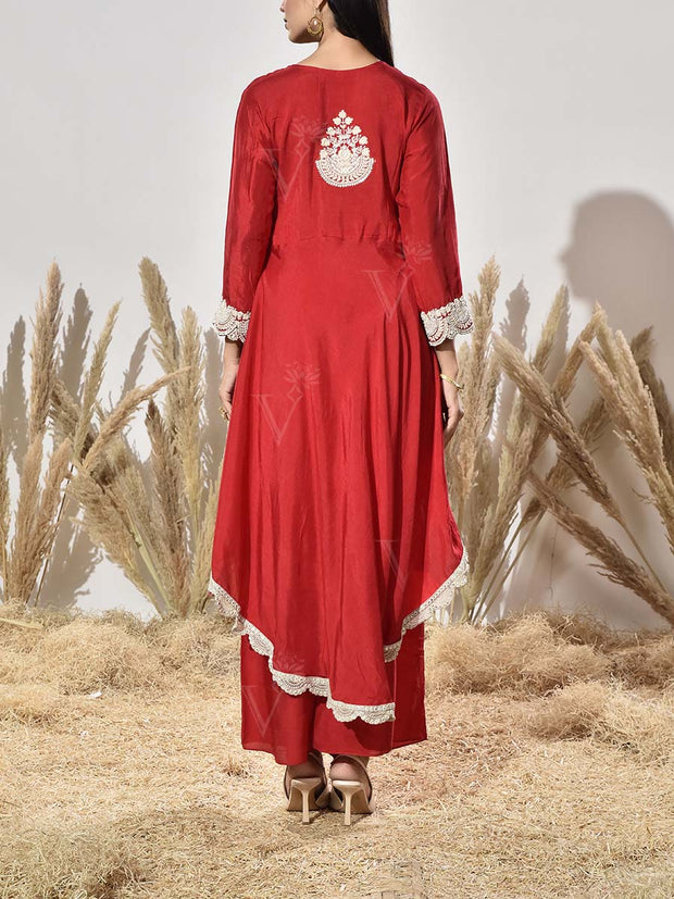 Red Yellow Embroidered Kurta and Pant Set