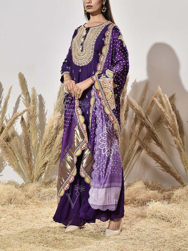 Violet Pink Embroidered Kurta and Sharara Set