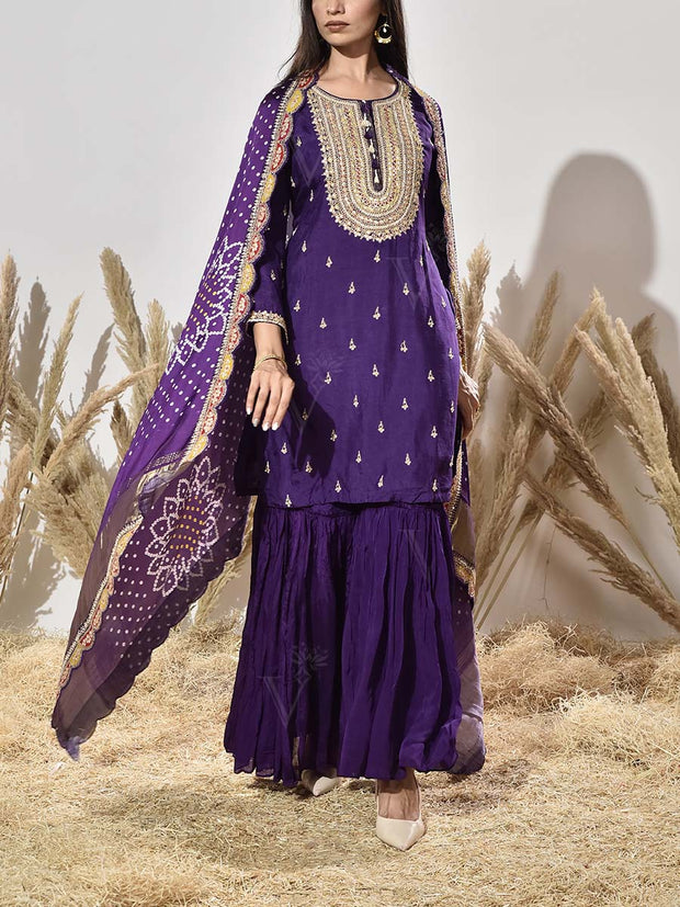 Violet Pink Embroidered Kurta and Sharara Set
