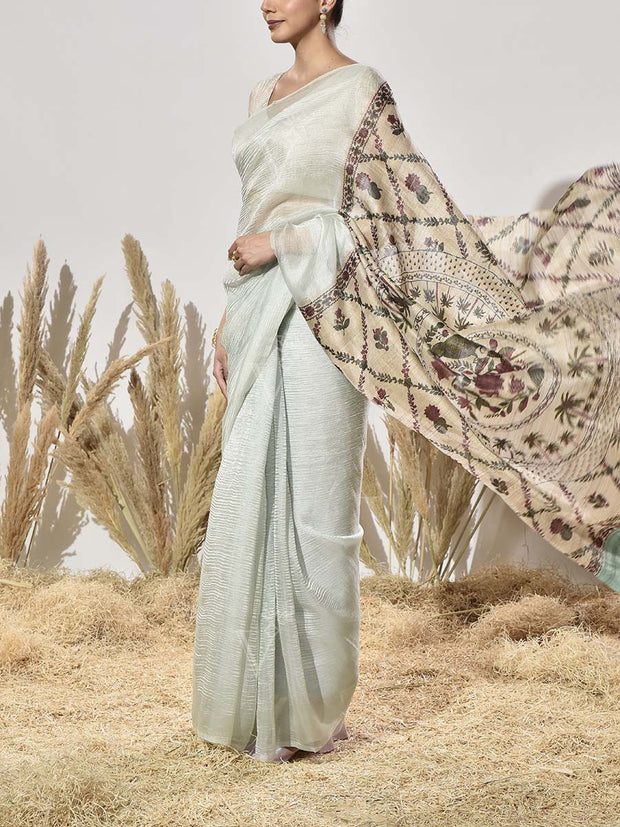 Beige and Blue Tissue Saree