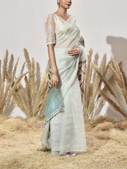 Beige and Blue Tissue Saree