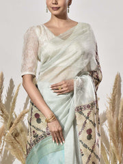 Beige and Blue Tissue Saree