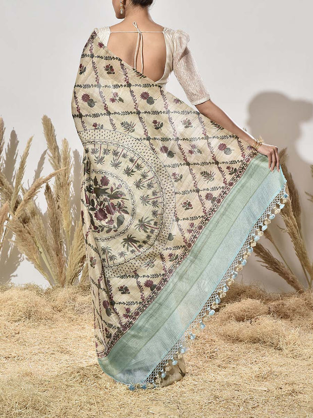 Beige and Blue Tissue Saree
