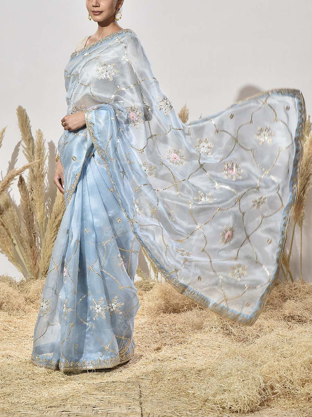 Ice Blue Organza Gota Patti Saree