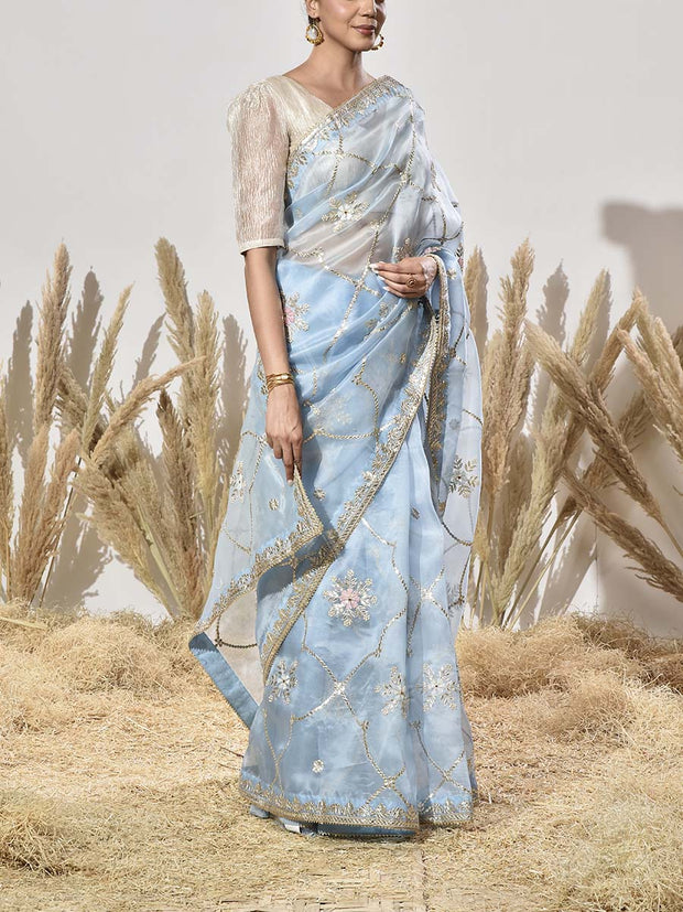 Ice Blue Organza Gota Patti Saree