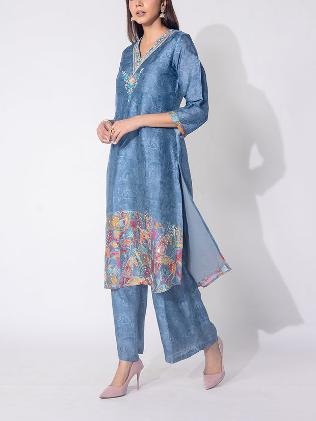 Grey Embroidered Vasansi Silk Printed Co-ord Set