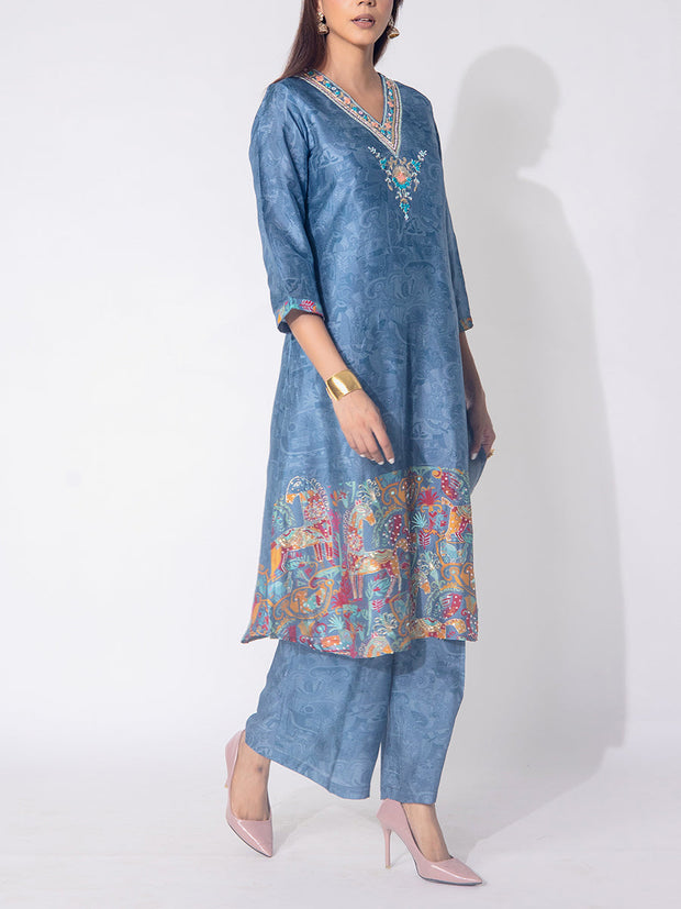 Grey Embroidered Vasansi Silk Printed Co-ord Set