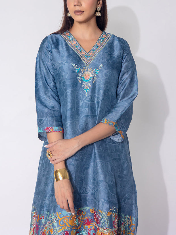 Grey Embroidered Vasansi Silk Printed Co-ord Set