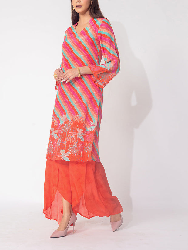 Multicolor Leheriya Vasansi Silk Printed Kurta and Pant Set