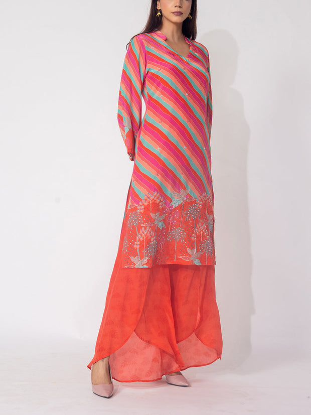 Multicolor Leheriya Vasansi Silk Printed Kurta and Pant Set
