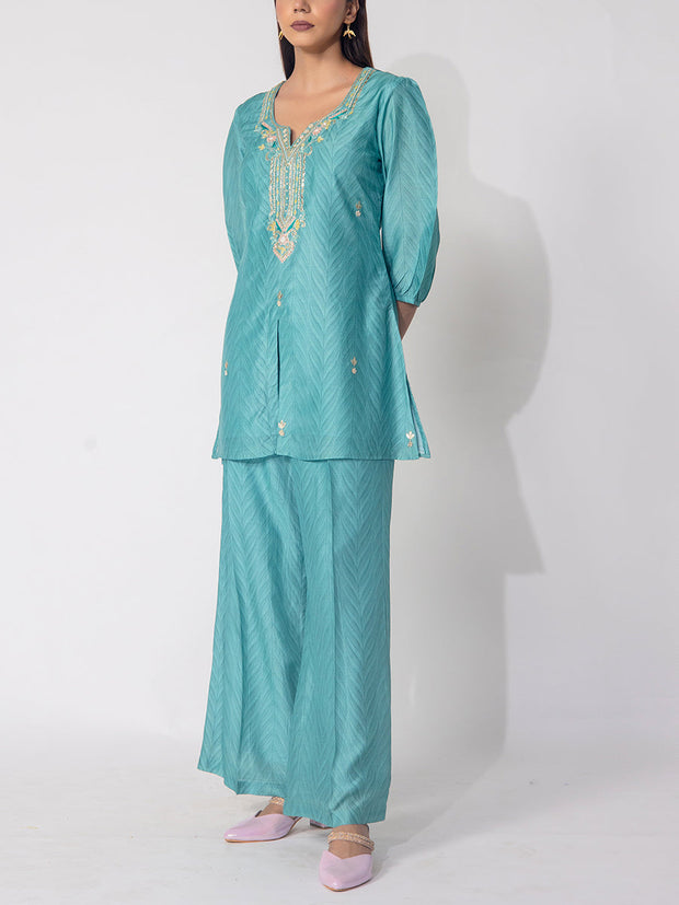 Sea Green  Embroidered Vasansi Silk Printed Co-ord Set