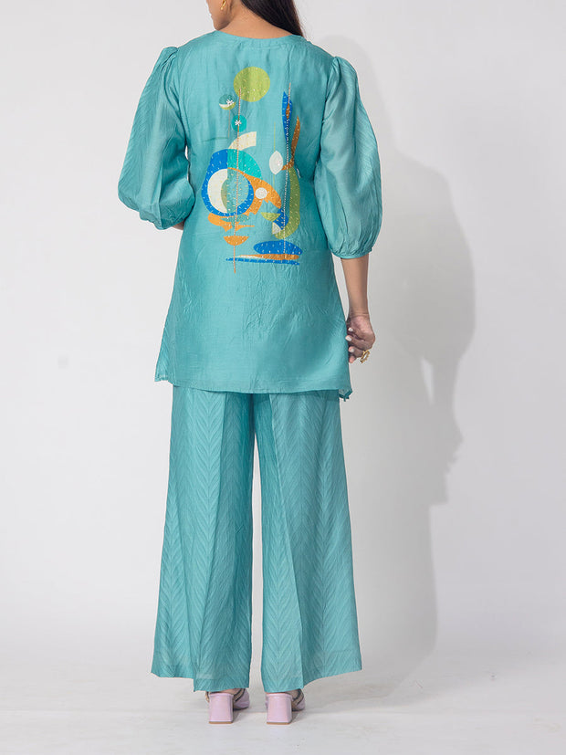 Sea Green  Embroidered Vasansi Silk Printed Co-ord Set