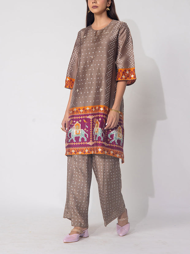 Brown  Bandhani  Vasansi Silk Co-ord Set