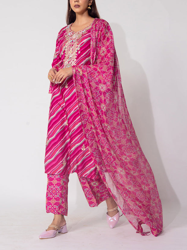 Pink Leheriya Embroidered Suit Set