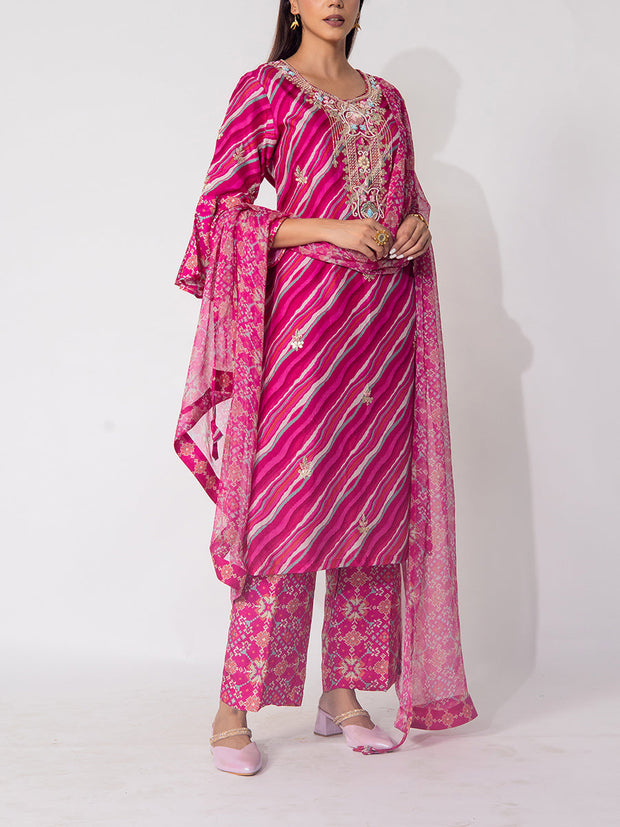 Pink Leheriya Embroidered Suit Set