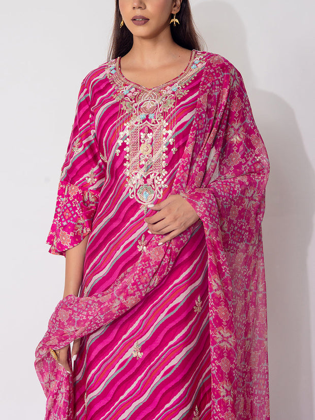 Pink Leheriya Embroidered Suit Set