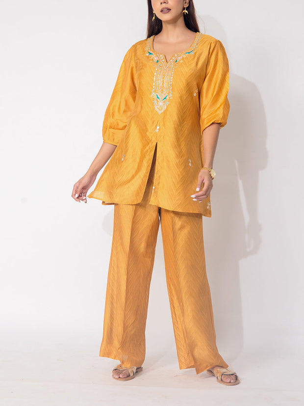 Mustard Embroidered Vasansi Silk Printed Co-ord Set
