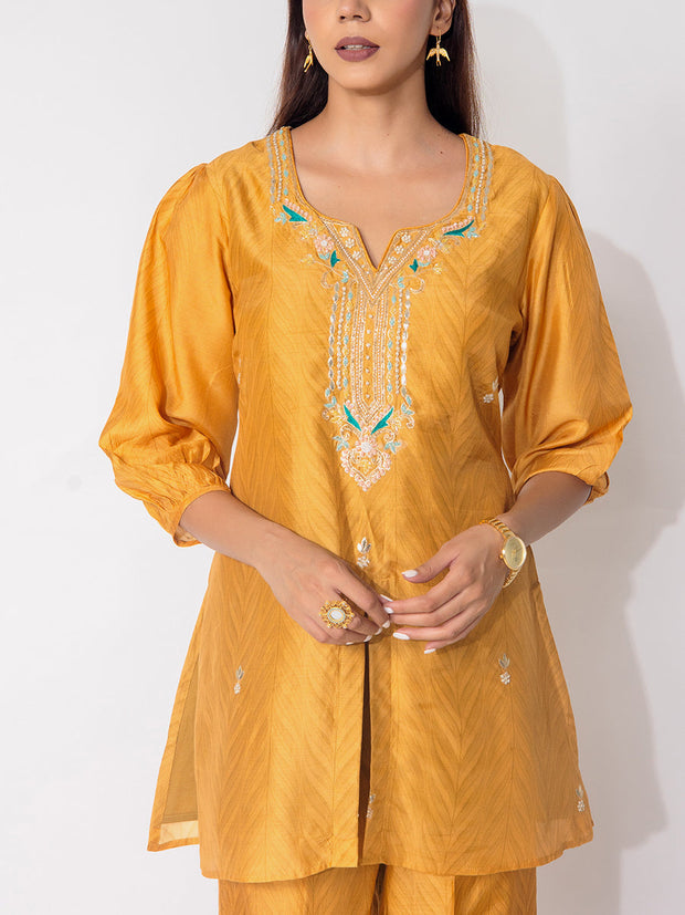 Mustard Embroidered Vasansi Silk Printed Co-ord Set