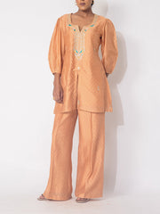 Peach Vasansi Silk Embroidered Vasansi Silk Printed Co-ord Set