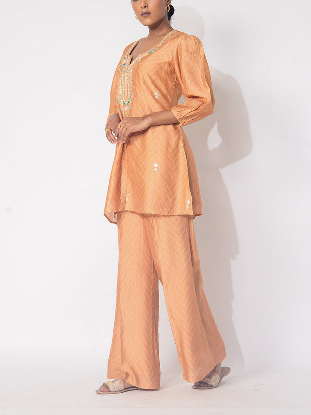 Peach Vasansi Silk Embroidered Vasansi Silk Printed Co-ord Set